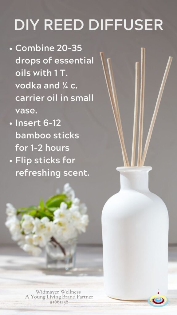 bamboo sticks in white vase, flowers in small glass, reed diffuser diy recipe,