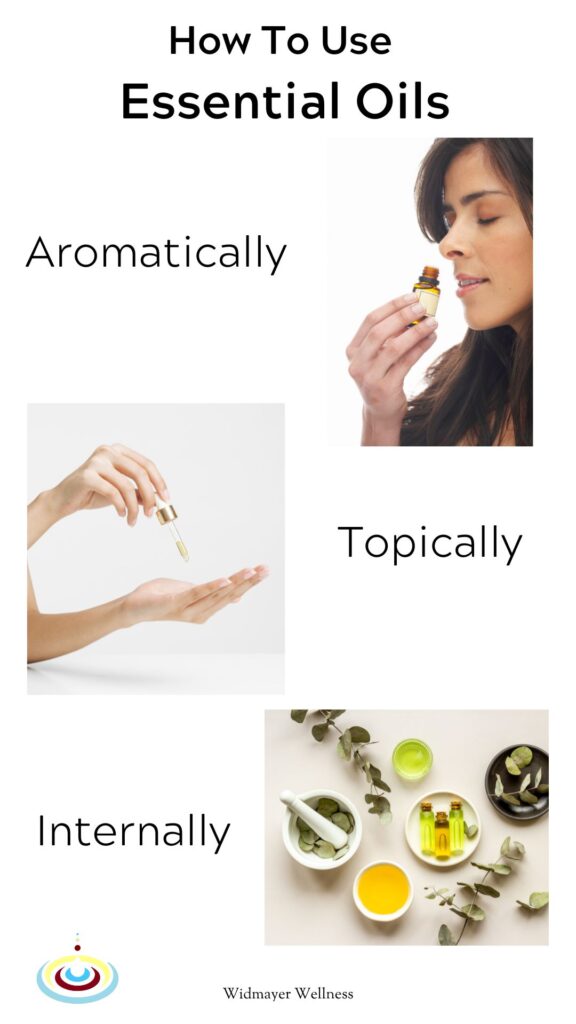 How to use essential oils. Women breathing oil, hands rubbing oil, oils and herbs