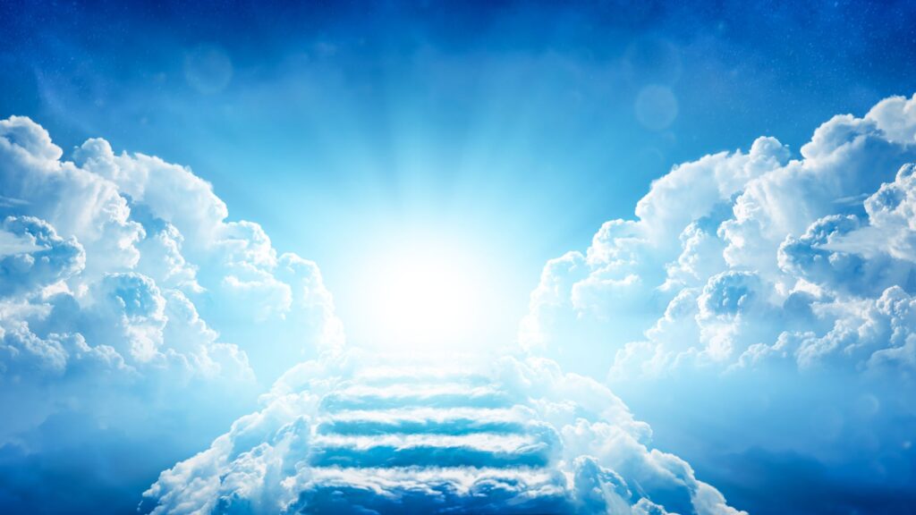 blue sky, clouds, and stairs leading to heaven